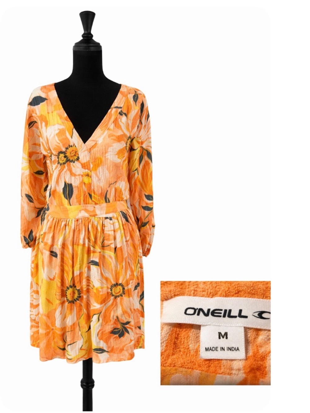 O'Neill Orange Floral V-Neck Long Sleeve Tiered Dress